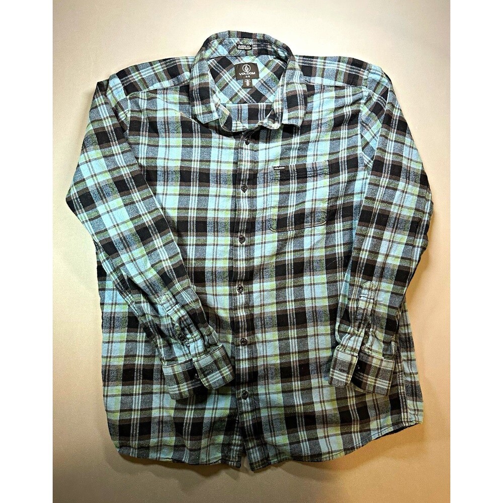 Volcom Mens Classic Fit Blue/Black/Gray Plaid Flannel Cotton LS Pockets XL